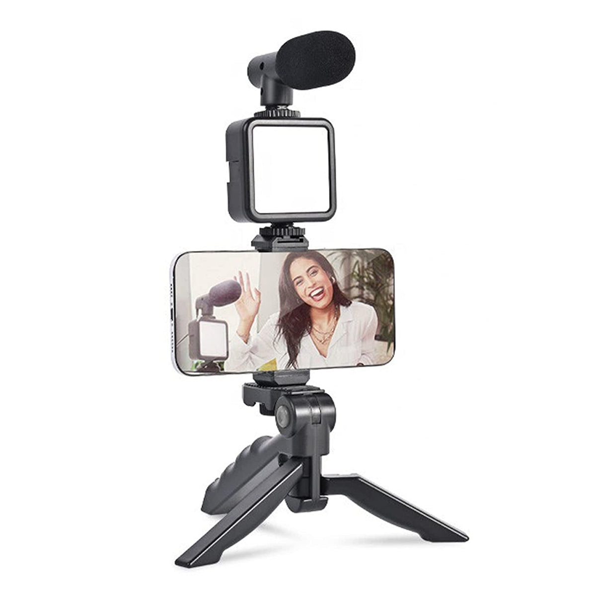 Ecom Biz™ - Vlogging Kit for Video Making with Mic Mini Tripod Stand, LED Light & Phone Holder Clip for Making Videos