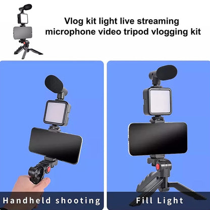 Ecom Biz™ - Vlogging Kit for Video Making with Mic Mini Tripod Stand, LED Light & Phone Holder Clip for Making Videos