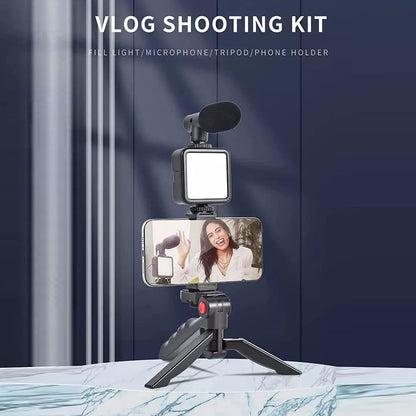 Ecom Biz™ - Vlogging Kit for Video Making with Mic Mini Tripod Stand, LED Light & Phone Holder Clip for Making Videos