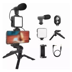 Ecom Biz™ - Vlogging Kit for Video Making with Mic Mini Tripod Stand, LED Light & Phone Holder Clip for Making Videos