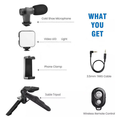 Ecom Biz™ - Vlogging Kit for Video Making with Mic Mini Tripod Stand, LED Light & Phone Holder Clip for Making Videos