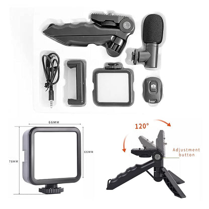 Ecom Biz™ - Vlogging Kit for Video Making with Mic Mini Tripod Stand, LED Light & Phone Holder Clip for Making Videos